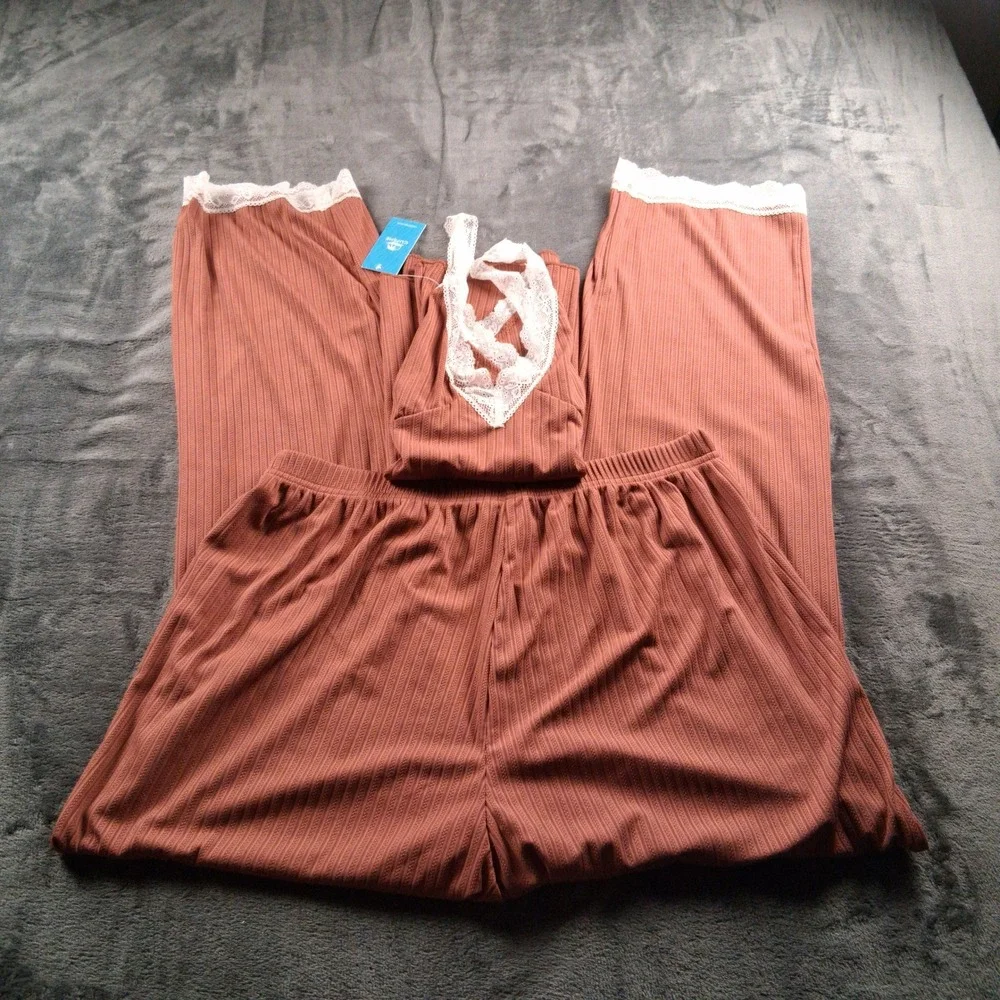 NWT Cupshe Pajama Set  XL Terracotta Ribbed Lace Trim Cami and Pants Loungewear